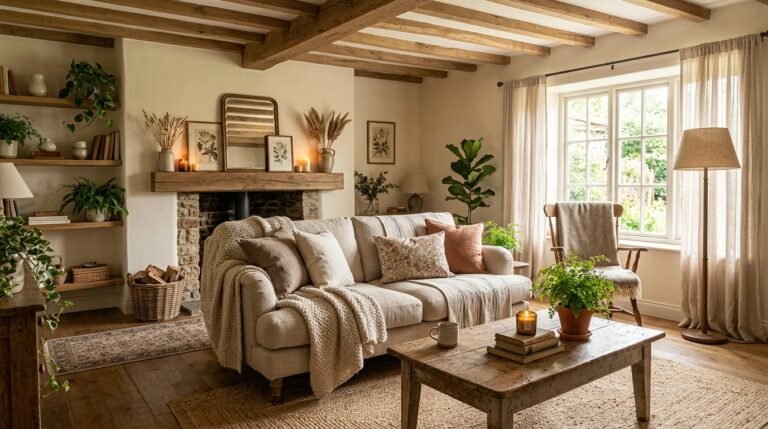 Earthy cottage style home with warm neutral decor, wooden furniture, cozy textures, and soft lighting
