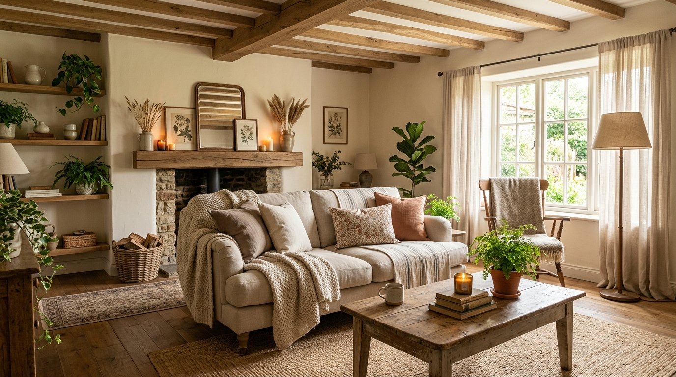 Earthy cottage style home with warm neutral decor, wooden furniture, cozy textures, and soft lighting