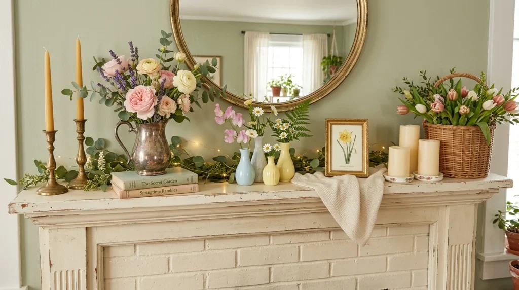 cottagecore spring mantel decor vintage flowers candles cozy pastel aesthetic