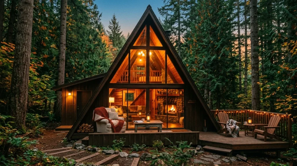 Cozy A-frame cabin with large windows and peaceful forest surroundings