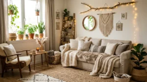 DIY home aesthetic projects featuring cozy decor, floating shelves, warm lighting, and modern interiors