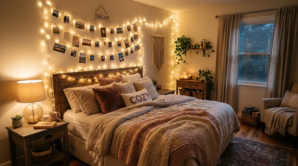 DIY string light wall decor cozy aesthetic bedroom design