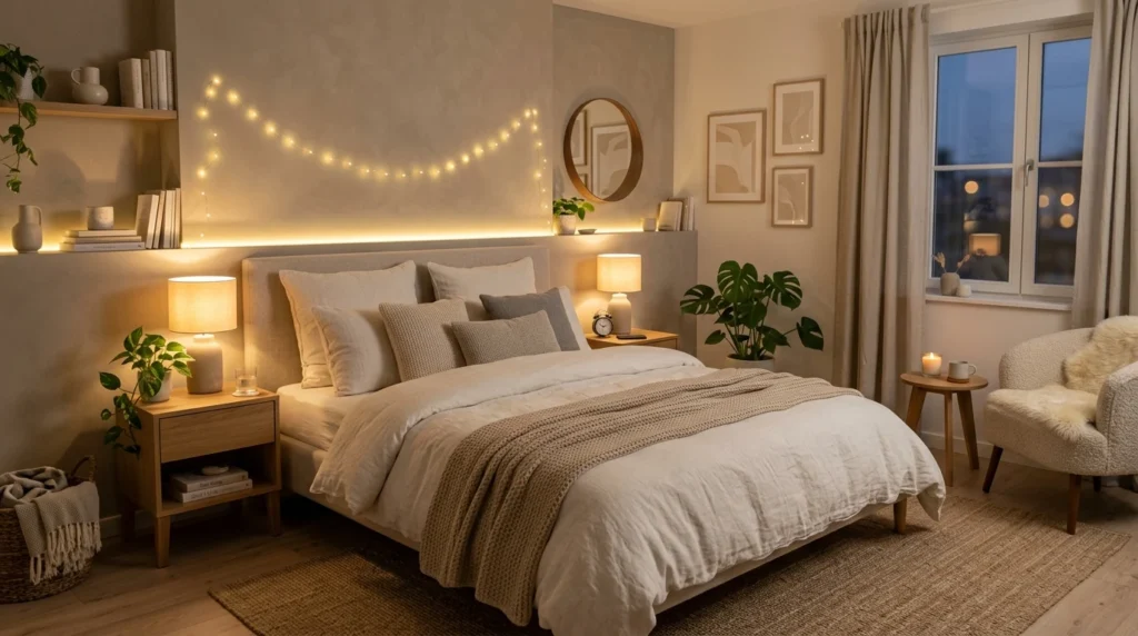 Cozy bedroom with warm LED lights and soft neutral bedding