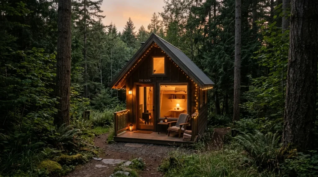 Tiny cozy cabin in forest with minimalist rustic interior