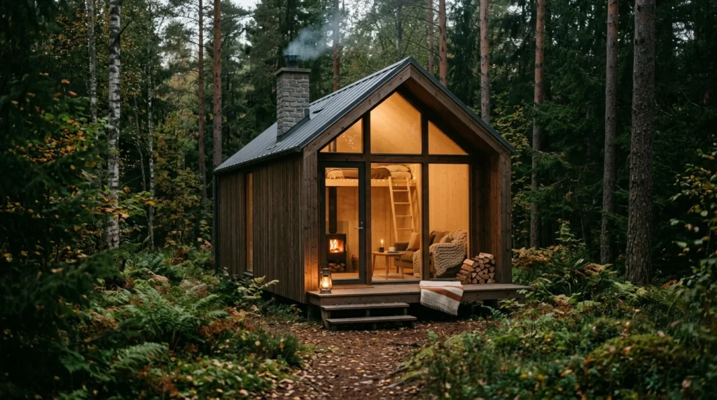 Tiny cozy cabin in nature with minimalist interior and large scenic windows