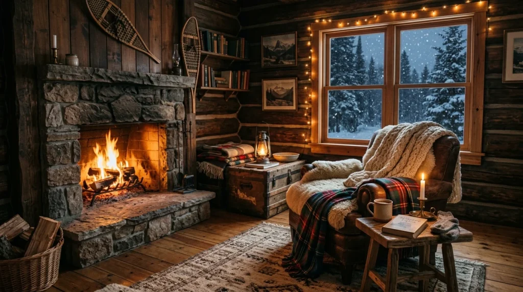 Cozy cabin interior with fireplace, blankets, and warm rustic decor