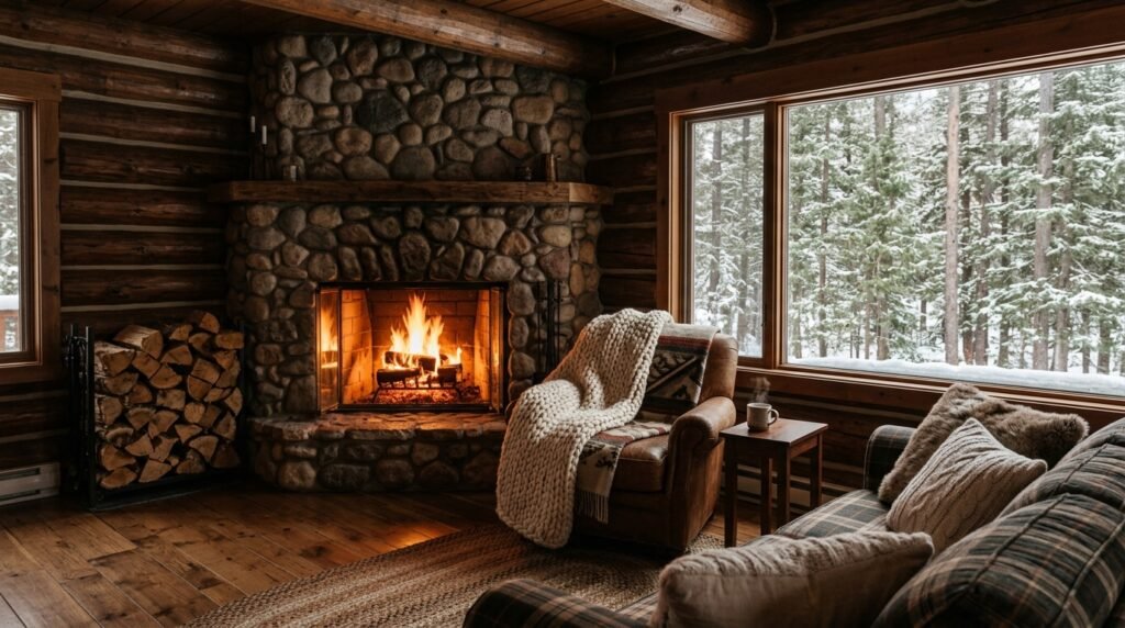 Cozy cabin staycation with fireplace, soft blankets, and forest scenery