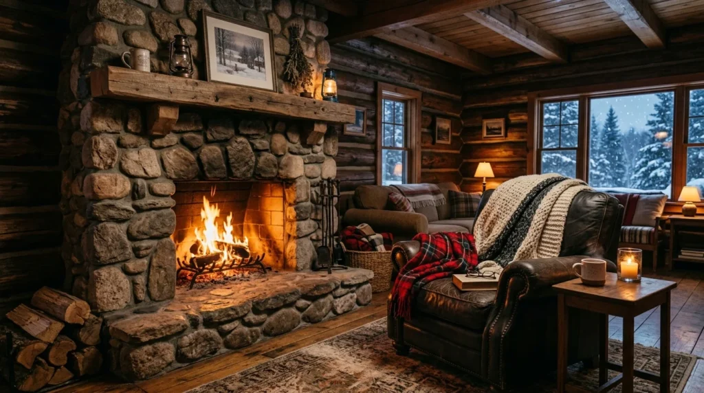 Cozy cabin with stone fireplace, warm blankets, and rustic wooden interior