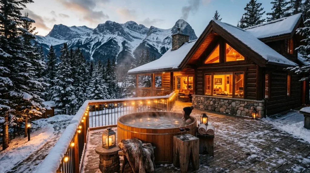 Cozy cabin with outdoor hot tub and relaxing snowy mountain scenery