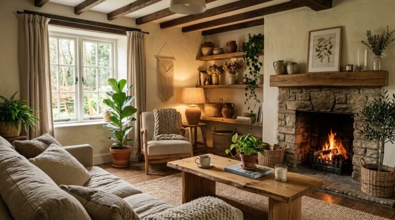 Earthy cottage home decor with warm neutral interiors, wooden textures, and cozy natural styling