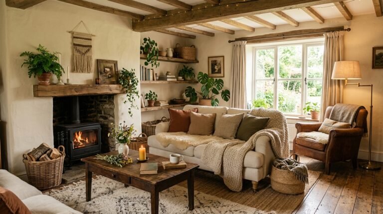 Earthy cottage home decor with cozy textures, warm wood accents, and neutral interiors