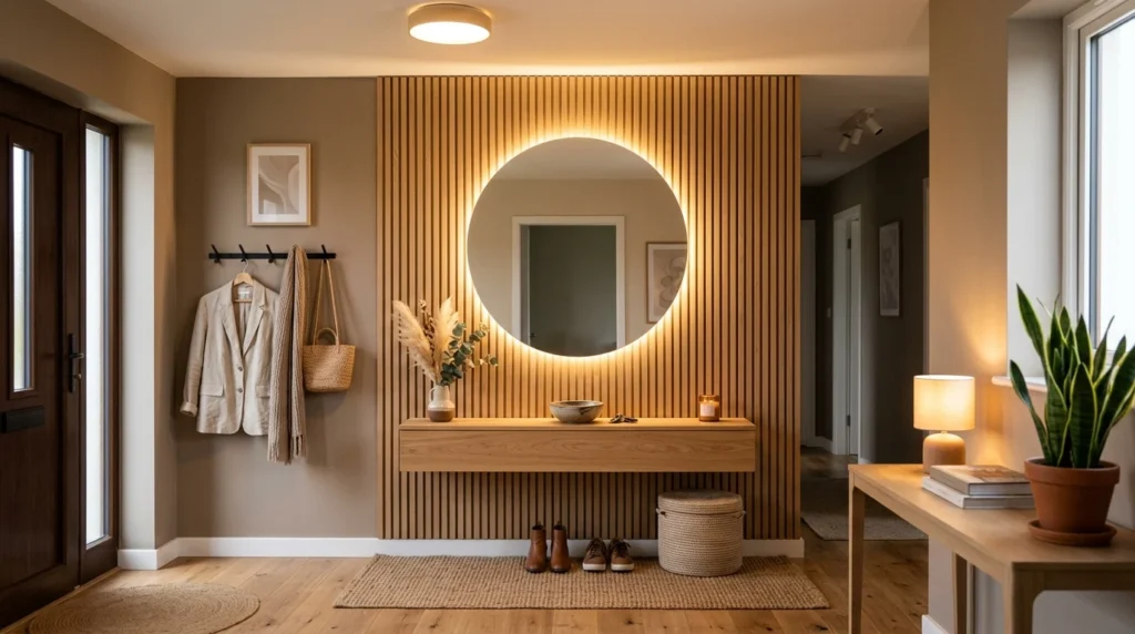 Cozy entryway with warm LED lighting, wood slats, and modern decor