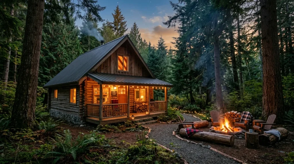 Cozy forest cabin surrounded by tall trees and peaceful nature scenery