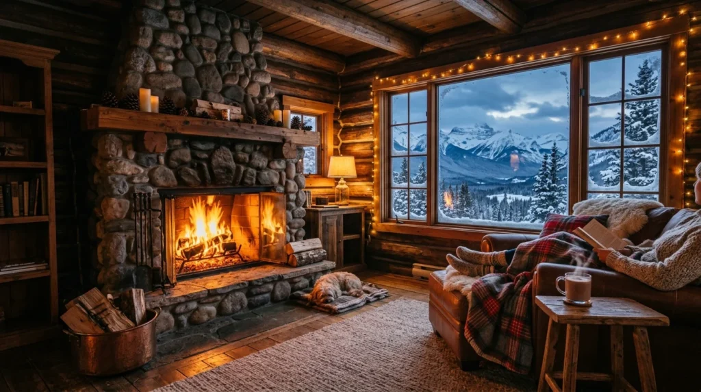 Cozy mountain cabin with snowy mountain views and warm fireplace interior