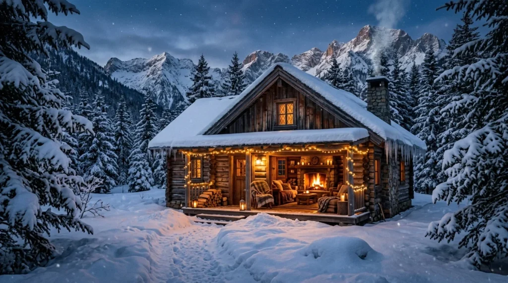 Snowy mountain cabin with warm fireplace and pine tree winter scenery