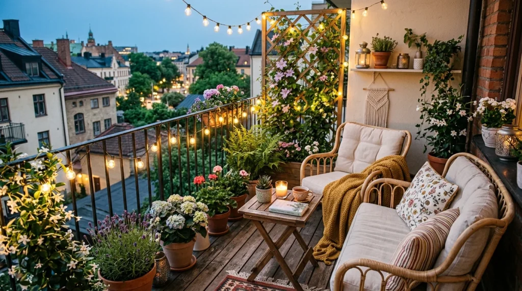 cozy spring balcony decor fairy lights plants chic outdoor aesthetic