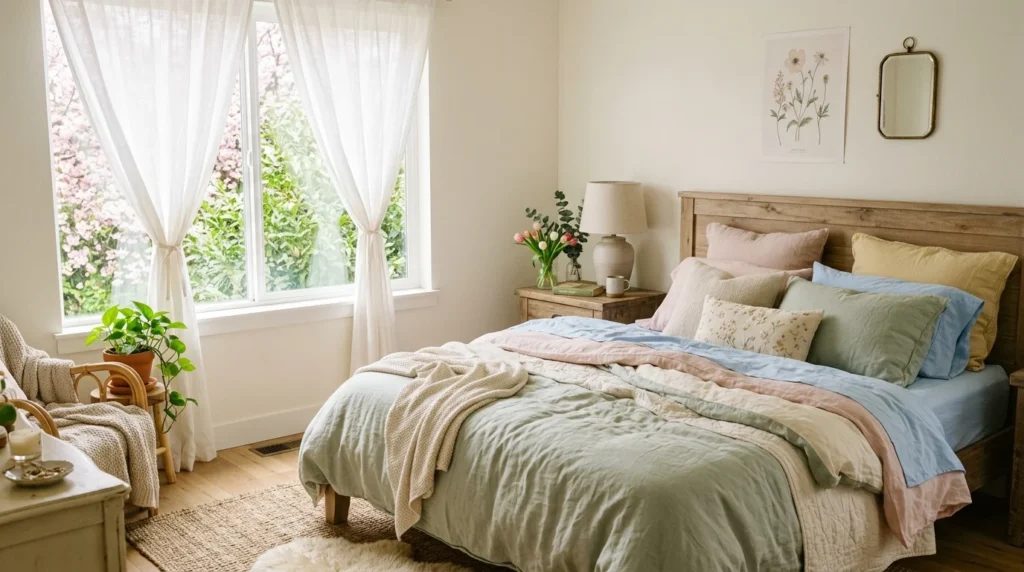 cozy spring bedroom light fabrics pastel bedding airy chic aesthetic