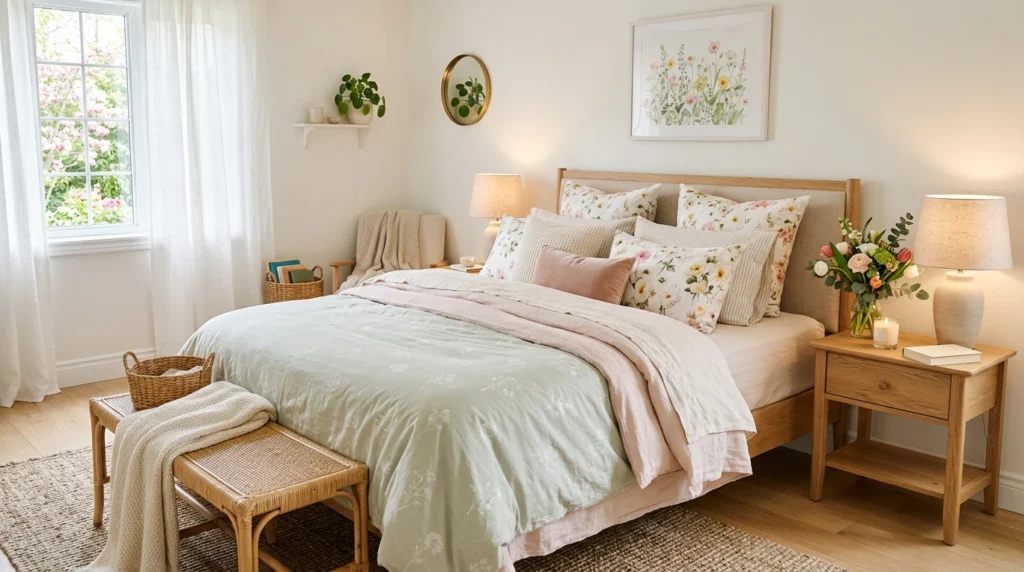cozy spring bedroom refresh pastel bedding soft aesthetic decor