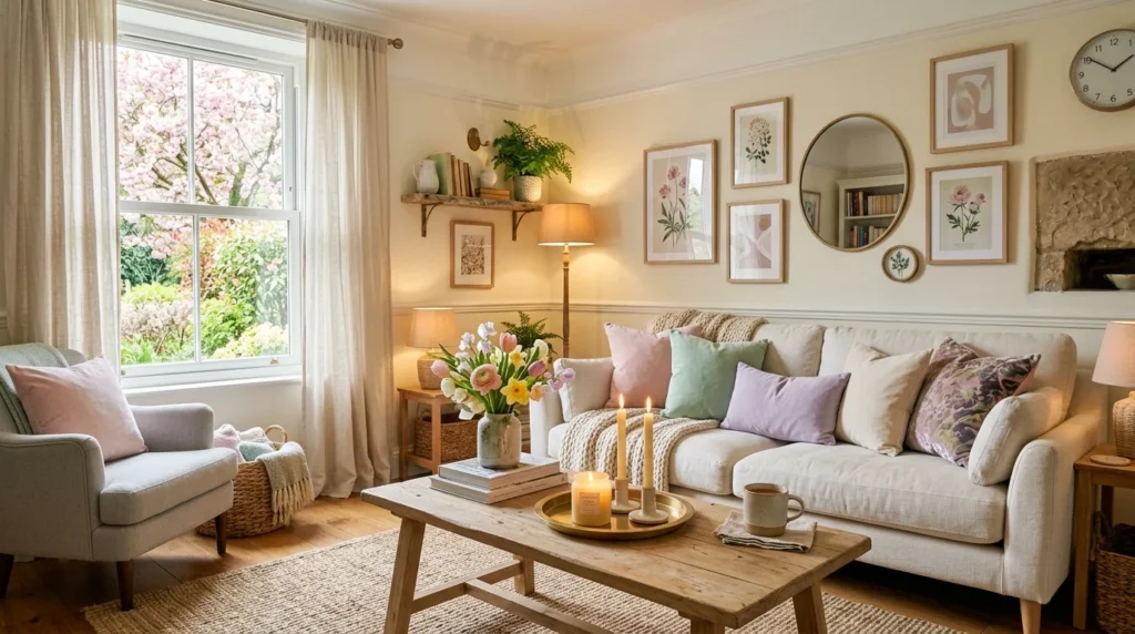 cozy spring living room candles pastel decor warm chic interior