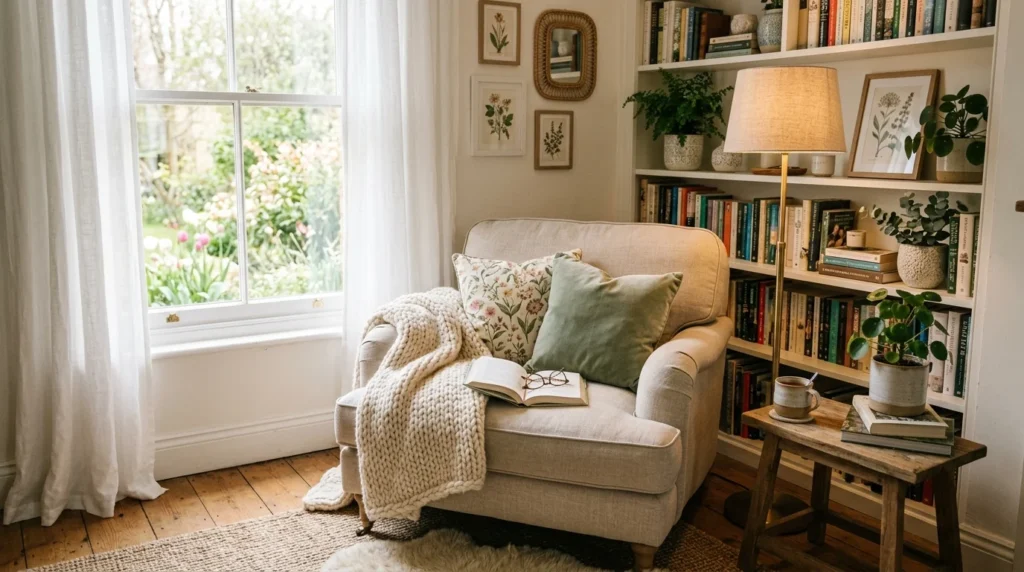 cozy spring reading nook soft chair warm lighting chic aesthetic