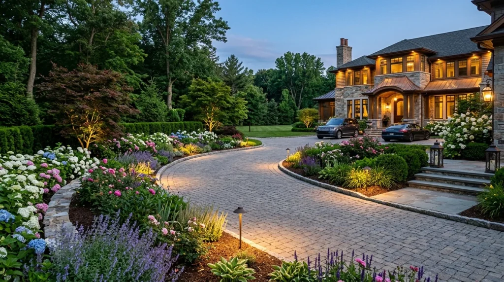 Curved driveway with flowers, greenery, and elegant outdoor design