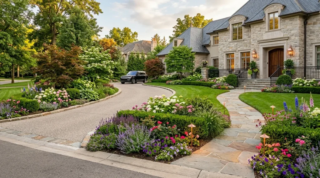 Curved driveway landscaping with flowers, greenery, and pathway lighting