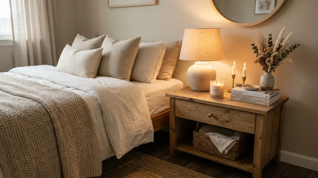 DIY bedside table styling cozy lamp candles neutral bedroom