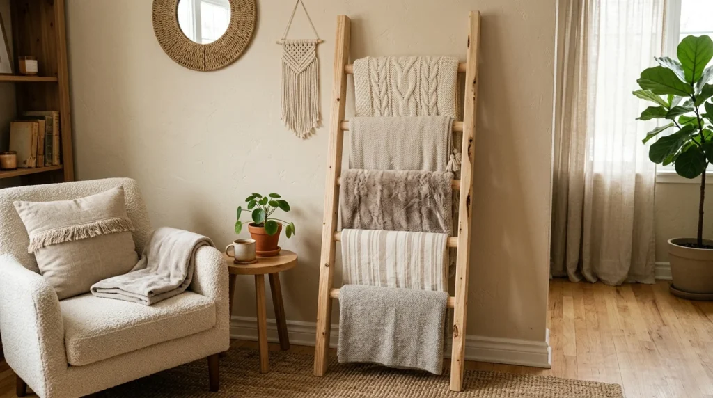 DIY blanket ladder cozy neutral blankets warm home decor