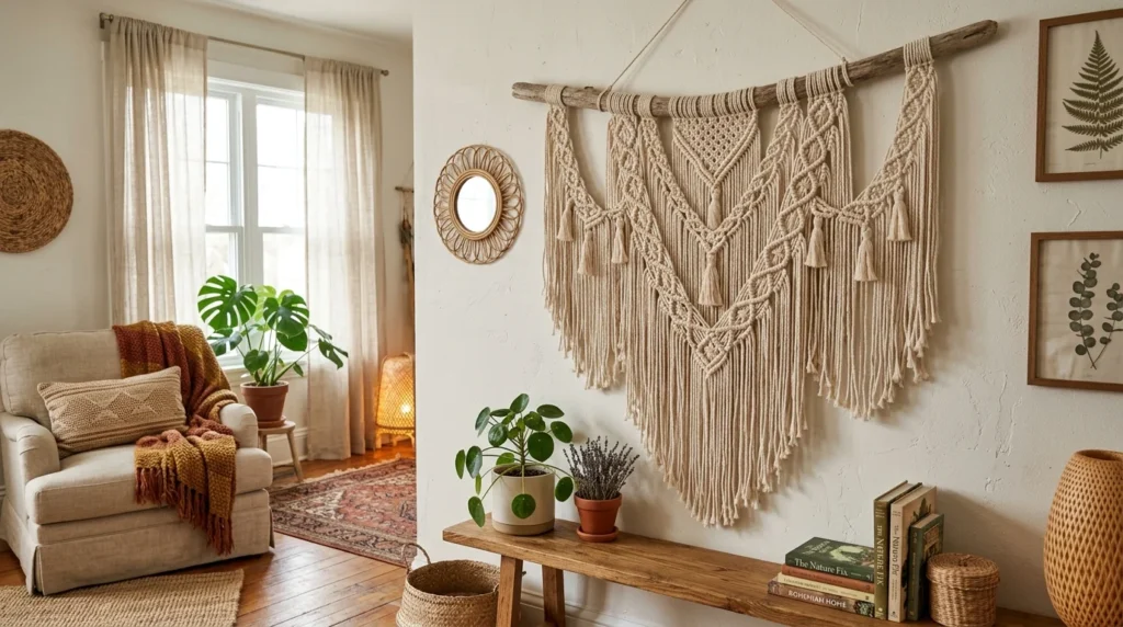 DIY boho wall hanging macrame earthy cozy aesthetic decor