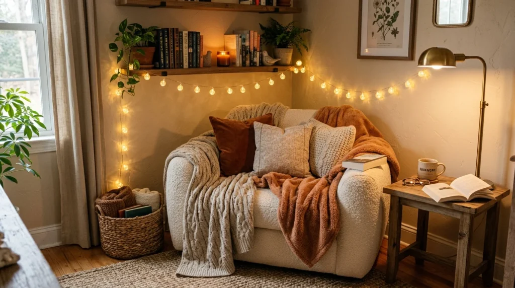 DIY cozy reading corner soft chair warm lighting aesthetic decor