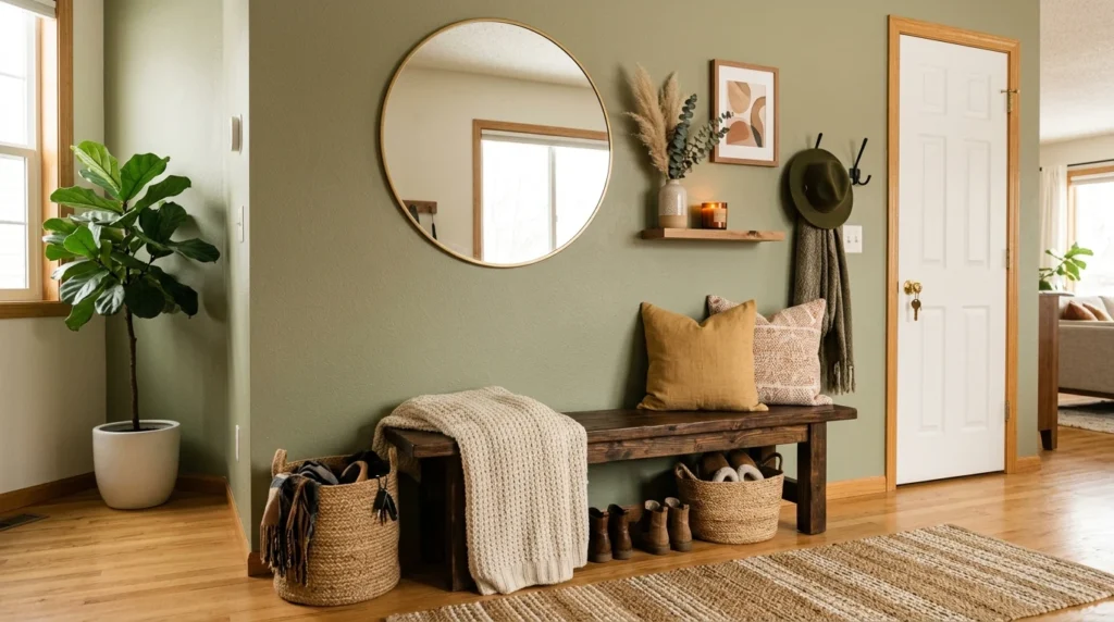 DIY entryway aesthetic setup cozy bench mirror warm decor