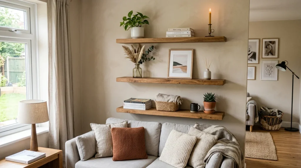 handmade floating wooden shelves modern cozy home aesthetic