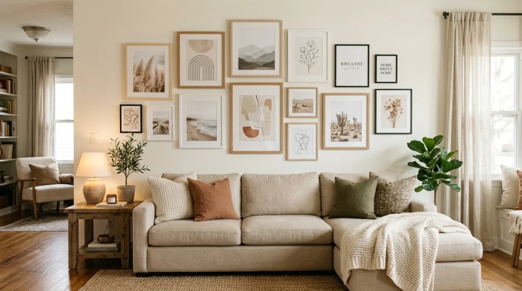 DIY gallery wall setup neutral frames modern cozy room decor