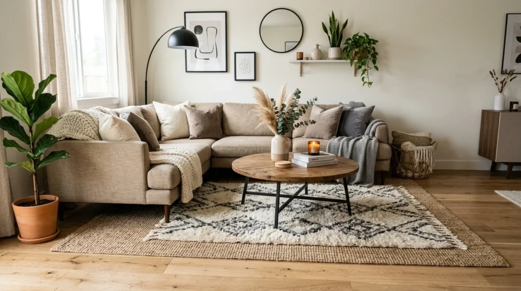 Layered rug styling with cozy textures and modern neutral room decor