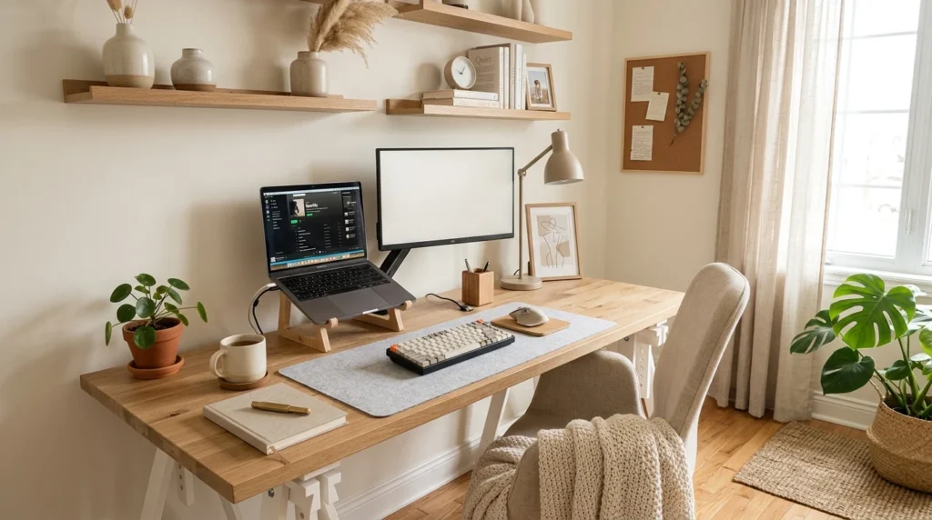 DIY minimal desk setup cozy workspace neutral aesthetic decor