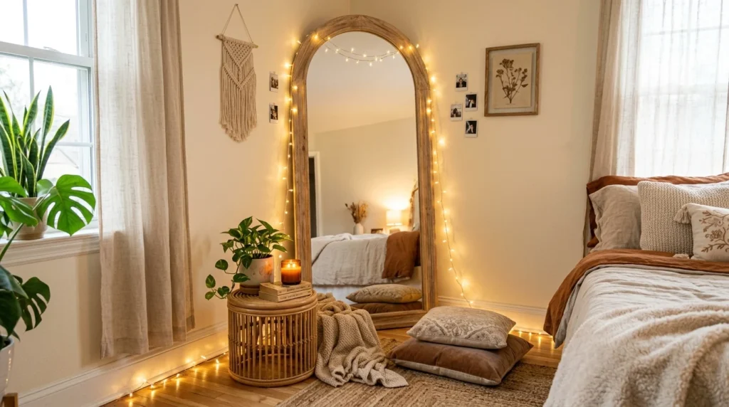 DIY mirror corner aesthetic string lights cozy modern bedroom