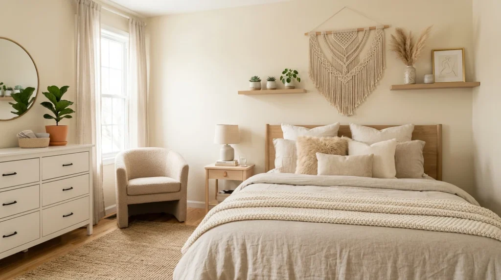 DIY neutral bedroom decor beige tones cozy aesthetic room