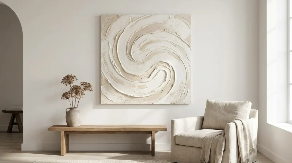 Neutral textured canvas wall art in modern minimalist home