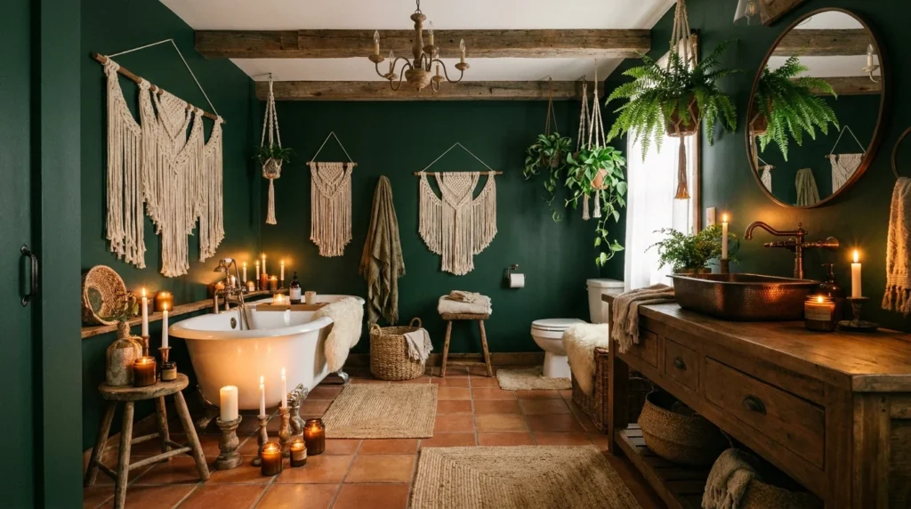 Dark boho bathroom with deep earthy tones, candles, and cozy moody decor