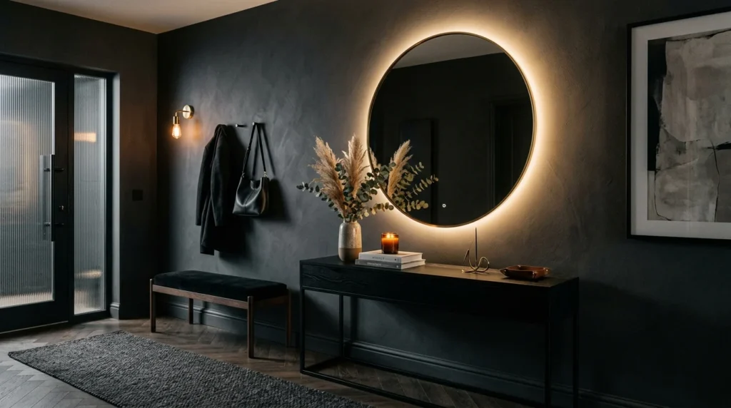 Dark moody entryway with circular LED mirror and warm lighting