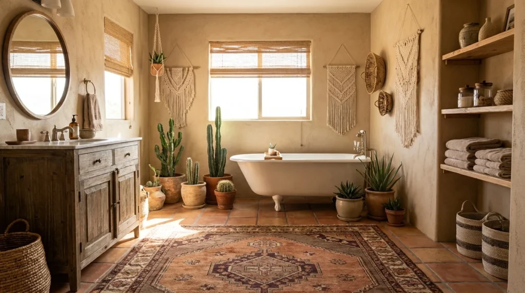 Desert-inspired boho bathroom with terracotta decor and cactus plants
