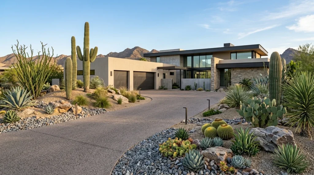 Modern desert driveway landscaping with succulents and decorative rocks
