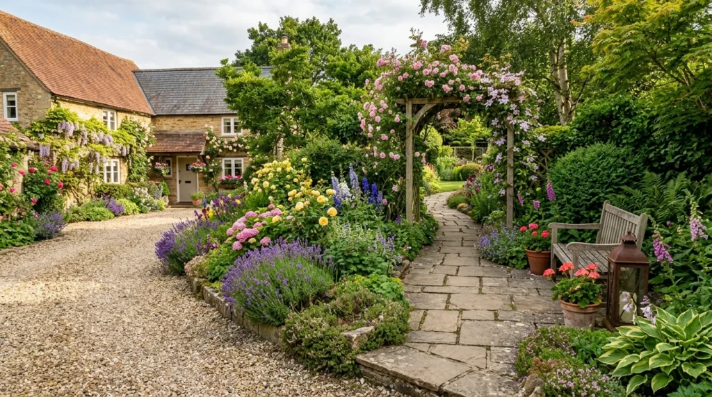 Driveway garden path with flowers, greenery, and charming outdoor landscaping