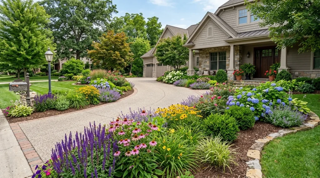 Driveway landscaping with colorful seasonal flowers and layered greenery