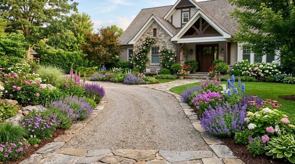 Driveway landscaping with colorful flower borders and elegant stone edging
