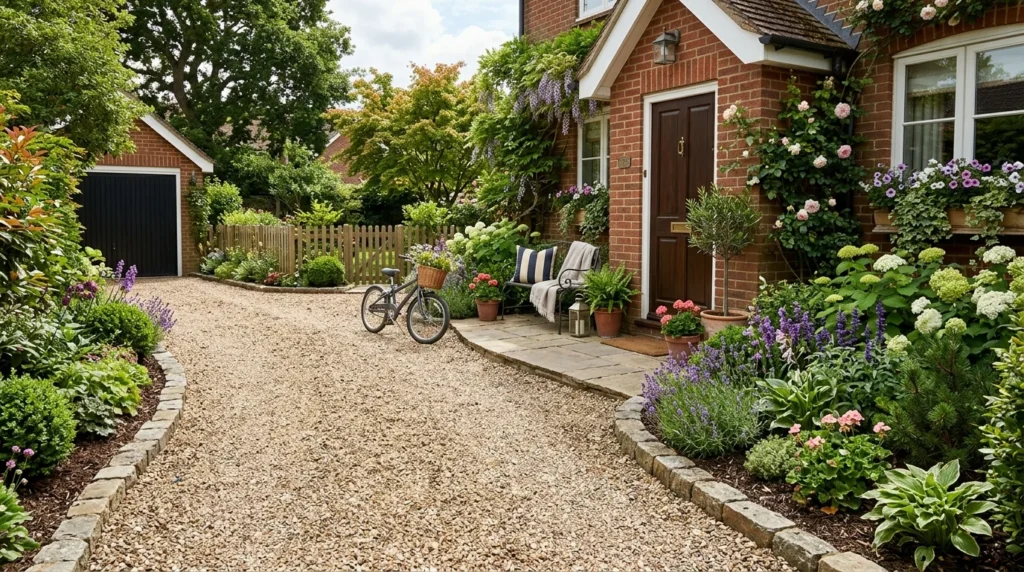 Small driveway landscaping with compact flower beds and cozy greenery