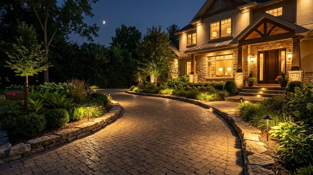 Elegant driveway landscaping with warm outdoor lighting and greenery