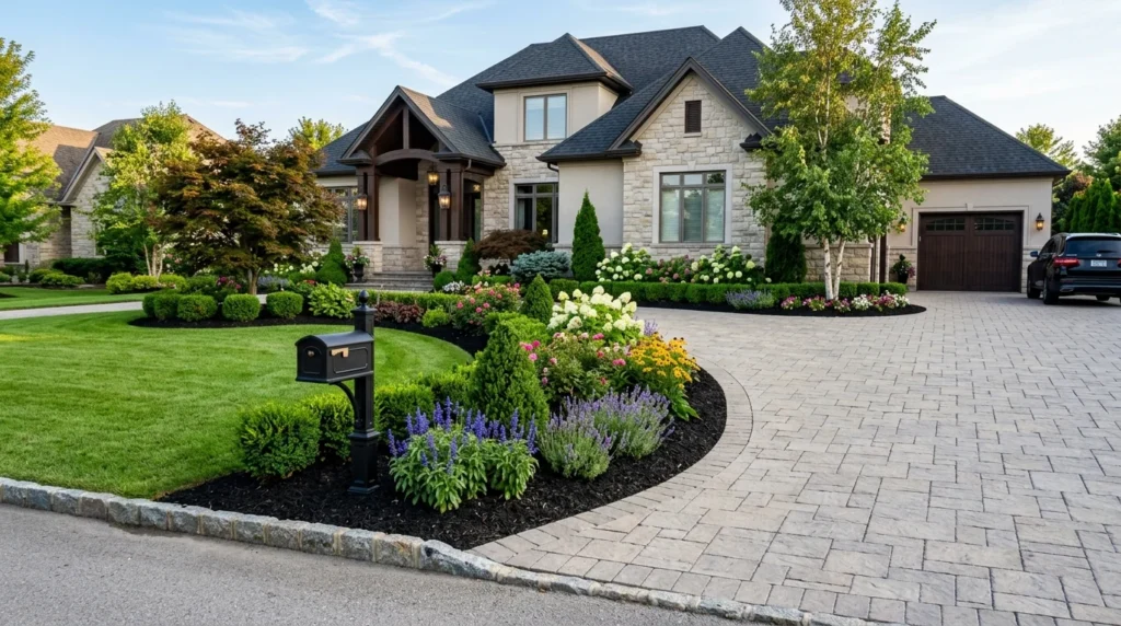 Driveway landscaping with dark mulch borders and elegant shrubs