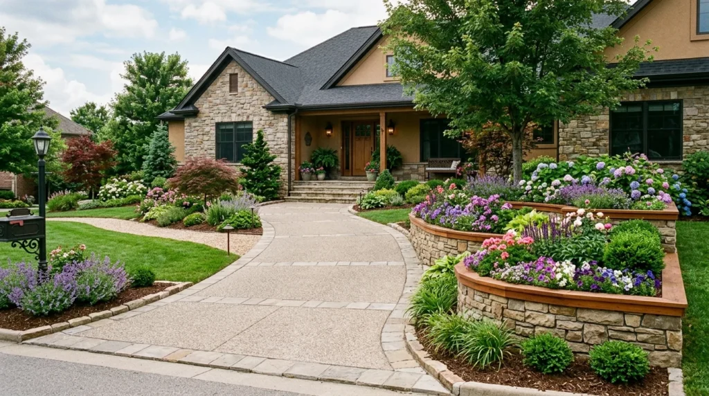 Driveway landscaping with raised flower planters and elegant greenery