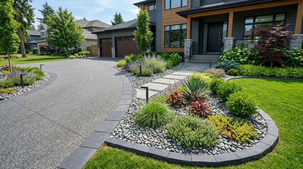 Driveway landscaping with decorative rocks, greenery, and modern outdoor styling